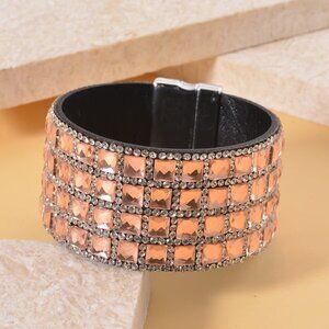 A Peach Glass and Austrian Crystal Bracelet with Magnet Clasp in Silvertone